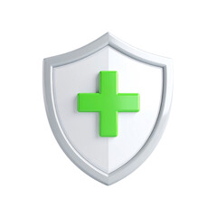 Obraz premium White shield with a prominent green medical cross symbol in the center representing protection, safety, and health care