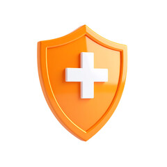 Obraz premium Glossy orange shield with a prominent white medical cross symbol in the center, representing protection, health, and safety