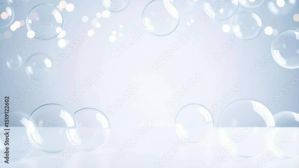 Aufkleber group of translucent spheres against light blue background and bokeh lights creating a soft, etherea
