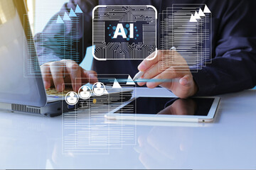 Concept of Generative AI artificial intelligence generate text document and anlyzis job aplication papers. Man touching AI icon and virturl document  on electronic circuit board.