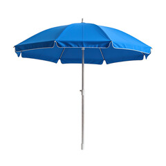 Large blue beach umbrella with a central pole, designed for outdoor shade and sun protection, featuring a sturdy fabric canopy and a metal frame
