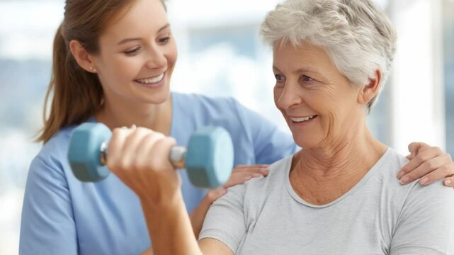 Strength Through Support: A kind-hearted caregiver assists an elderly woman as she exercises with a dumbbell, the scene evoking warmth, wellness.
