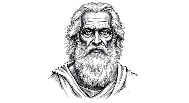 Black and white digital portrait of a wise elderly man with long white beard and intense eyes, featuring realistic wrinkles, flowing hair, and classical robe on plain white background