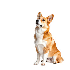 A sitting Pembroke Welsh Corgi with a tan and white coat, alert ears, and a focused gaze looking slightly upward