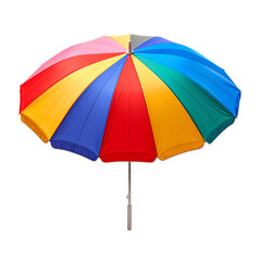 Large colorful beach umbrella featuring multiple bright, vibrant panels arranged in a circular pattern with a white central pole and handle