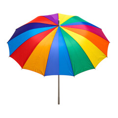 A large, colorful beach umbrella with alternating vibrant panels in red, orange, yellow, green, blue, and purple, supported by a central pole