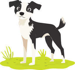 Flat Vector Illustration of Black and White Dog in Green Vines