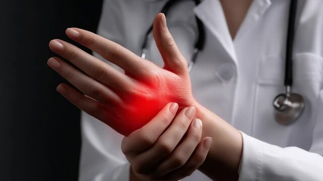 Medical Examination of Pain: A medical professional with a stethoscope, is giving examination of a hand afflicted with noticeable pain. Focused on the body and healthcare.