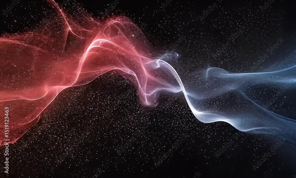 Poster abstract flowing wave of red and blue particles on a dark background with luminous dots a modern dig