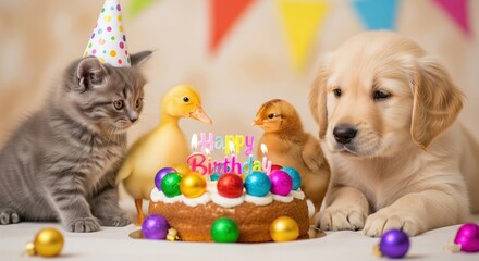 Obraz premium A kitten, a duckling, a puppy, and a chick are celebrating their birthday, gazing at the birthday cake