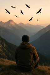 Person contemplates scenic mountain range at dawn, birds soar above, creating a serene and reflective atmosphere. Nature's tranquility.