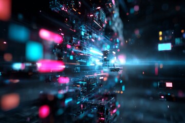 Fototapeta premium Abstract scene of fragmented digital icons, broken pixels, glitch effects and data streams flying apart, dark background with chaotic tech vibe