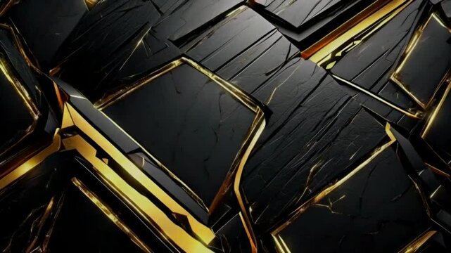 Abstract geometric design featuring textured black blocks with golden accents and highlights.