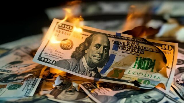 Burning one hundred dollar bills with flames on pile of cash for financial risk or economic crisis concept
