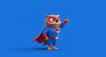 Cartoon owl superhero character pointing upward on a blue background