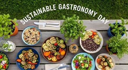 Outdoor Picnic Table with Plant-Based Dishes, Fresh Herbs for Sustainable Gastronomy Day Celebration Banner