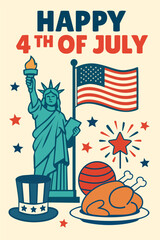 4th of July Independence Day Illustration &ndash; Statue of Liberty, American Flag, Fireworks, Patriotic Symbols, Holiday Celebration Vector for USA Freedom Festivity