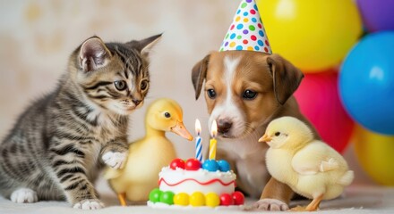Obraz premium A kitten, a duckling, a puppy, and a chick are celebrating their birthday, gazing at the birthday cake