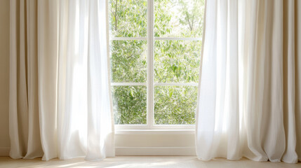 Bright window with sheer curtains natural light greenery outside peaceful atmosphere