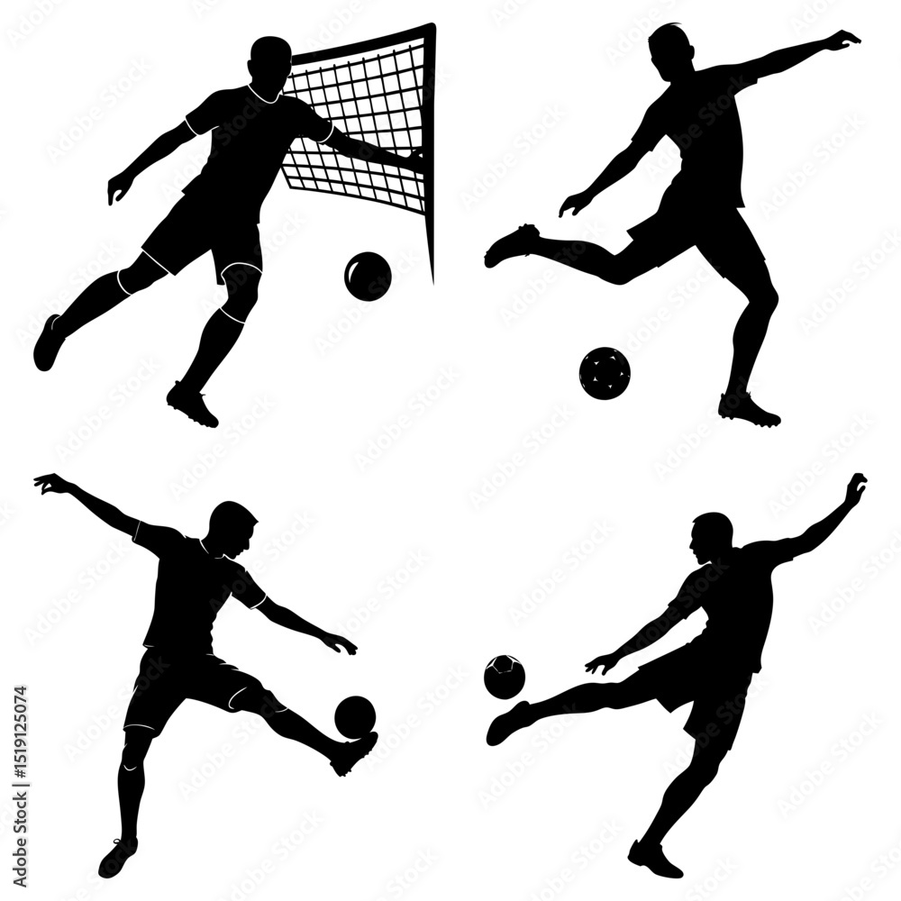 Poster silhouettes of soccer players kicking balls with a net in the background and white color background