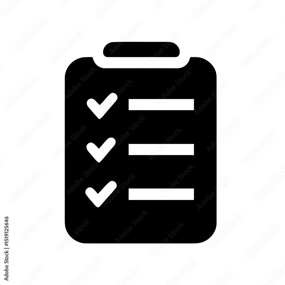 Poster task list completed icon, project management checklist symbol. approved items on clipboard graphic, 