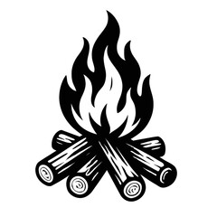 Black and White Vector Illustration of a Classic Campfire with Flames and Logs, Ideal for Outdoor, Camping, and Wilderness Designs.