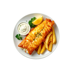 Delicious crispy fried fish and chips dinner meal pub on transparent background