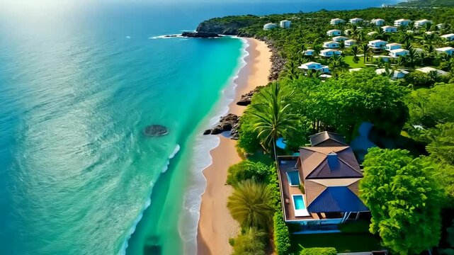 Aerial view of different vacation rentals along the coastline, coastal properties, beach houses. Vacation getaways. Beachfront developments attract affluent visitors. Residential amenities impact