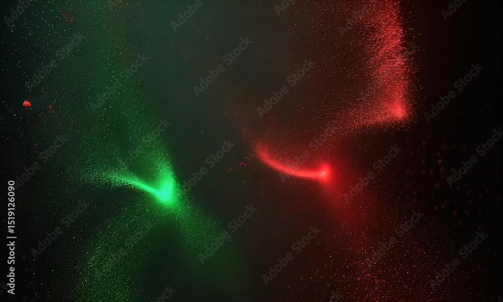 Poster abstract glittering red and green particle streams on a dark background for festive events and celeb