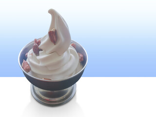 fresh milk ice cream with nuts in a stainless steel cup on a white floor, gradient white and blue background, food, health, ice, cool, copy space