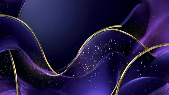 Abstract purple and gold flowing waves with shimmering particles, creating a luxurious and elegant design.