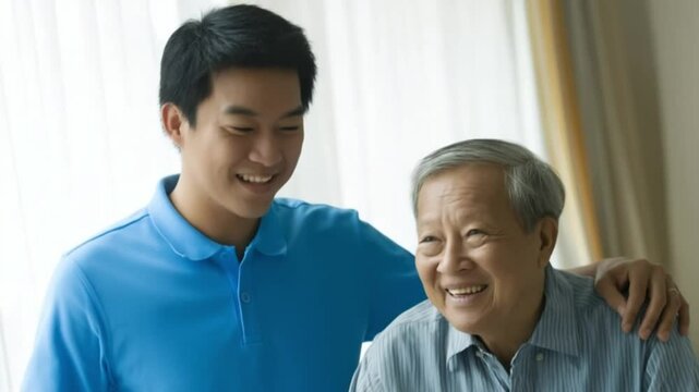 Kindred Spirits: A tender moment between a younger man and an older man, reflecting shared connection, evoking sentiments of family bonds and care, against the backdrop of a sunlit interior space.