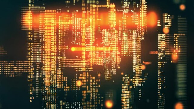 Abstract Digital Cityscape:  Binary Code Metropolis at Night