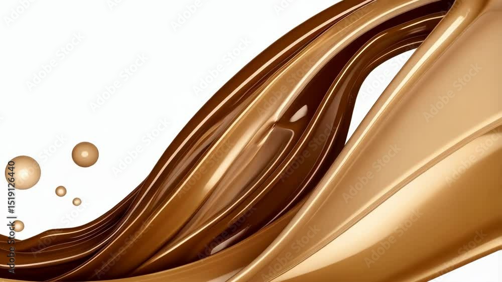 Poster abstract caramel and dark chocolate waves with floating spheres on a white backdrop