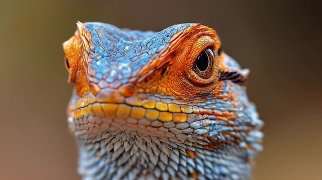 Close Up Portrait of an Exotic Bearded Dragon Lizard with Orange and Blue Scales and an Intense Gaze Against a Neutral Blurred Background
