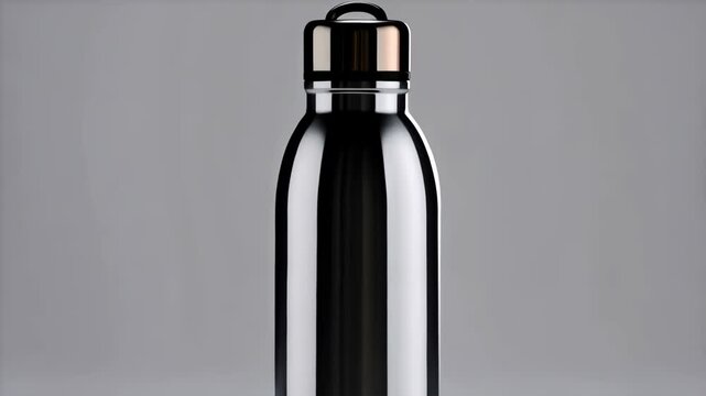 Isolated stainless steel reusable water bottle with dark cap on seamless neutral gradient background for zero waste lifestyle concept