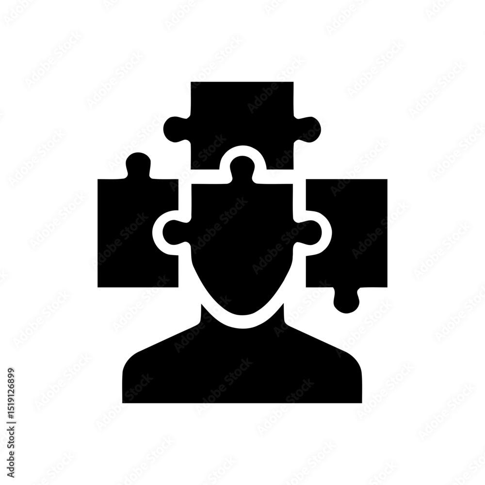 Poster mental process or problem-solving icon, head with puzzle pieces symbol. cognitive function or psycho