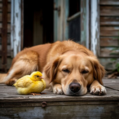 A dog with a yellow chicken lies on the porch of an old house.