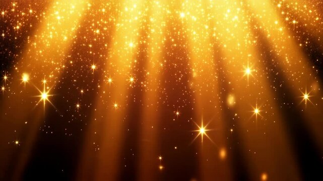Golden rays illuminate a dark background, creating a magical atmosphere filled with sparkling particles during a festive celebration