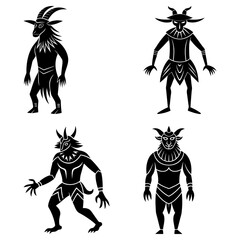 Fototapeta premium Four mythical creatures with horns and claws in black silhouette on a white background illustration