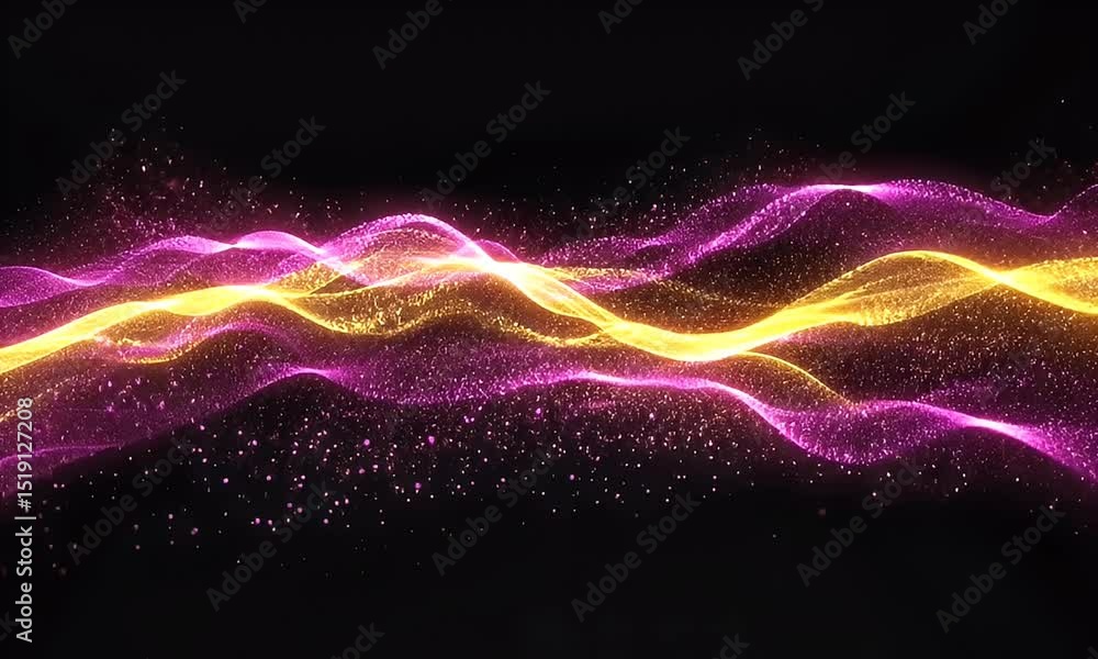 Aufkleber abstract glowing gold and purple particle waves flowing smoothly on a black background in a dynamic 
