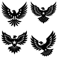 Obraz premium Collection of four black and white eagle emblems with stars and stylized wings spread wide open