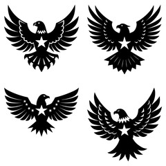 Fototapeta premium Four black eagles with spread wings and stars on their bodies in a symmetrical arrangement