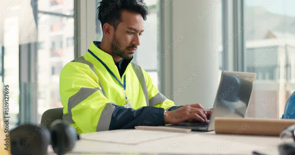 Aufkleber Man, laptop and contractor with typing for planning, architecture and tech for building blueprint notes. Construction, renovation or maintenance with online design writing or strategy for engineer