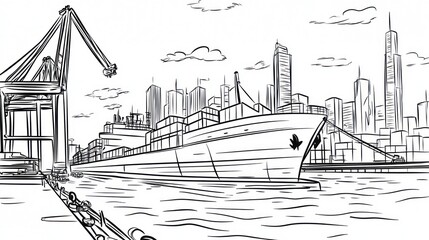 A harbor scene, sketch style, showing a cargo ship docked