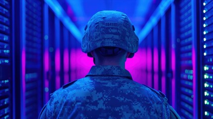 Soldier in Camouflage in Data Center