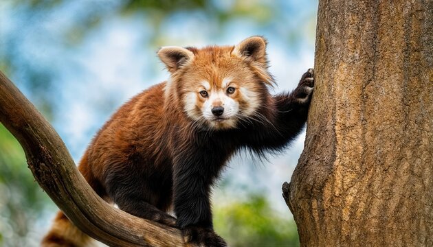 Curious and playful red panda scales a tree as twilight descends, showcasing lush forest foliage, vivid fur textures, and the enchanting mood of the wilderness.