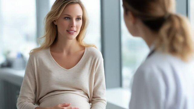 Pregnant Woman Consulting Doctor: A serene pregnant woman engages in a consultation with her doctor, radiating calmness and anticipation.  The image conveys trust, care, and the journey of motherhood.