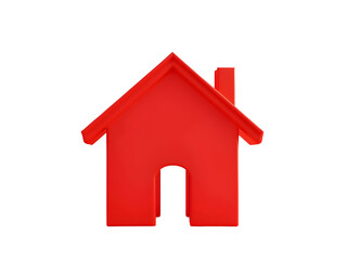 Fototapeta premium Minimalist red house icon with triangular roof, chimney, and arched doorway in modern geometric style PNG file isolated on transparent background
