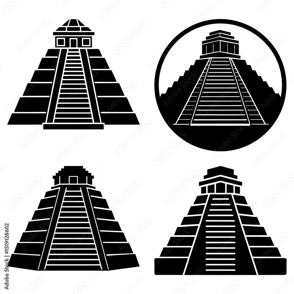 Poster four mayan pyramids in black and white with different presentations and shapes in a vector image